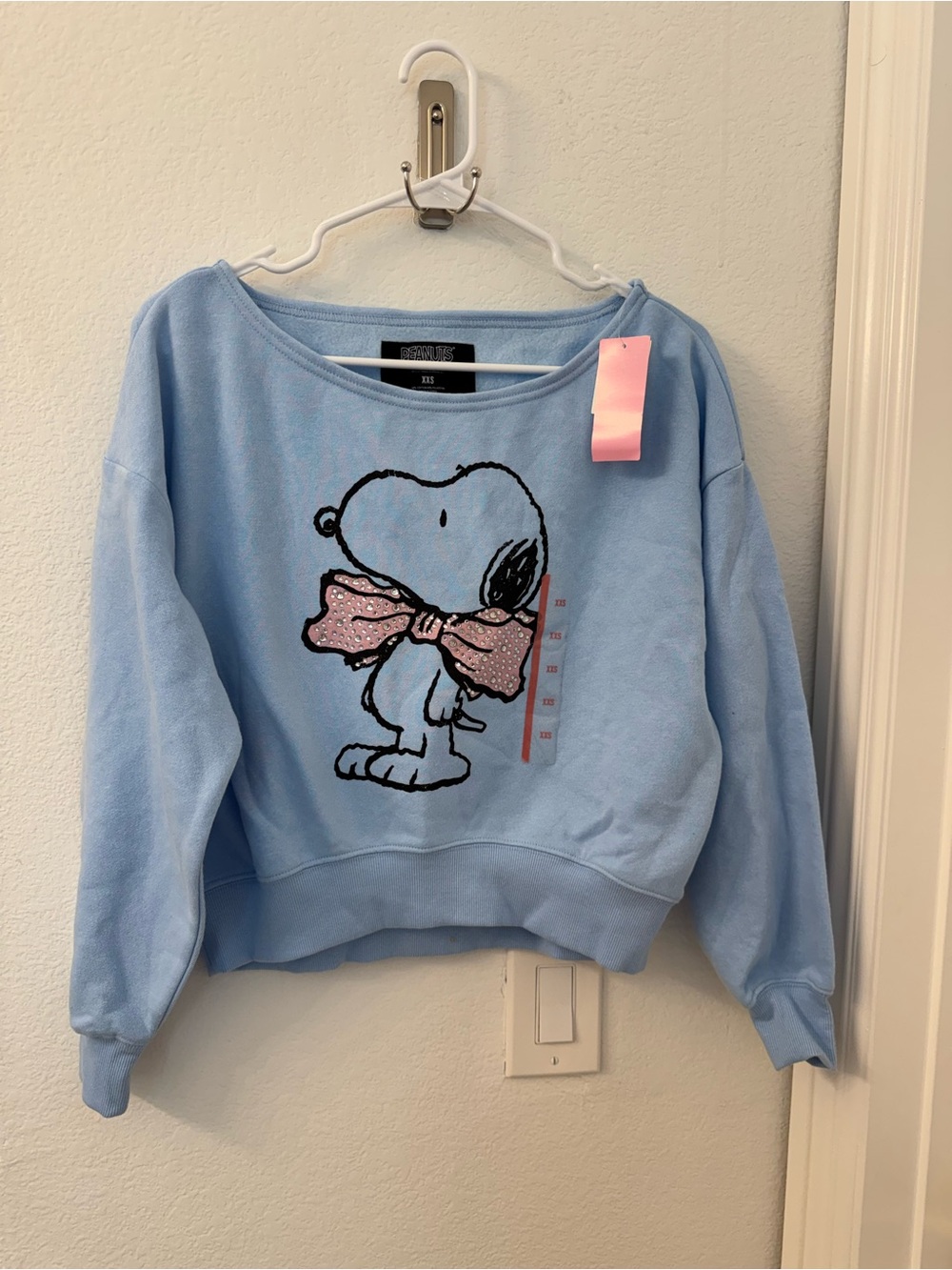 NWT Light Blue Snoopy Graphic Sweatshirt with Pink Bow xxs oversized peanuts
